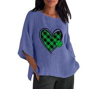 St Patricks Day Mujer 3 de 4 Mangas Cuello Redondo Estampado Suelto Camiseta Casual Túnica Blusa de Mezcla de Lino Traje de Verano Mujer, azul, L