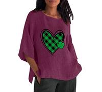 St Patricks Day Mujer 3 de 4 Mangas Cuello Redondo Estampado Suelto Camiseta Casual Túnica Blusa de Mezcla de Lino Traje de Verano Mujer, morado, M