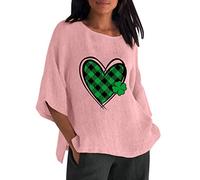 St Patricks Day Mujer 3 de 4 Mangas Cuello Redondo Estampado Suelto Camiseta Casual Túnica Blusa de Mezcla de Lino Traje de Verano Mujer, Rosa., L