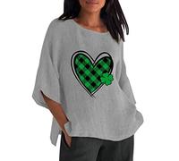 St Patricks Day Mujer 3 de 4 Mangas Cuello Redondo Estampado Suelto Camiseta Casual Túnica Blusa de Mezcla de Lino Traje de Verano Mujer, gris, XL