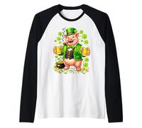 St Patricks Day Pig Leprechaun Hat Beer Shamrock Drinking Camiseta Manga Raglan