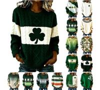 St Patrick's Day Sudadera Mujer 2026 Disfraz de Trébol Acanalado Camiseta de Manga Larga Suelta de Manga Larga con Cuello Redondo Cuello Moda Casual Top Patrón de Trébol sin Capucha, Dark Green-q, 5XL