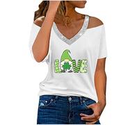St Patrick's Day Tshirt Damen Sexy Schulterfrei Bluse Mode Kleeblatt Druck Tunika Irischer Festliche Shirt V-Ausschnitt Pullover Tunic Sommer kurze Ärmel T-Shirt Blouse Gnome-Druck Tops, Blanco, XXL