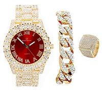 ST10327SET3PC - Dial con números romanos Reloj totalmente helado con cadena cubana y anillo - ST10327SET3PC, Rojo/Gld, 8, ST10327SET3PC (8, rojo-dorado)