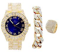 ST10327SET3PC - Dial con números romanos Reloj totalmente helado con cadena cubana y anillo - ST10327SET3PC, Blu/Gld, 9, ST10327SET3PC (9, azul-dorado)