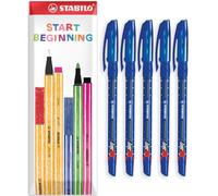 STABILO Bolígrafo de grado examinado, bolígrafos de papelería para estudiantes, universidad, trazo de 0,45 mm de ancho, en paquete de regalo de sobre, paquete de 5, tinta azul