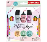 STABILO Estuche Pastellove Collection con 6 rotuladores premium Pen 68 Mini, 6 rotuladores punta fina point 88 Mini, 6 marcadores mini Pastellove 2.0