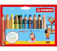 STABILO Lápices de color Multitalento Woody 3 en 1 — Estuche 10 colores + sacapuntas