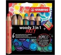 STABILO - Lápiz de color multitalento - woody 3 en 1 - ARTY -Estuche de 6 - 6 colores y sacapuntas