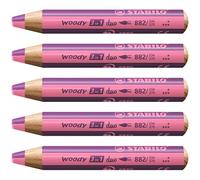 STABILO - lápiz de color, acuarela y cera - woody 3 in 1 duo | mina bicolor, pack de 5, rosa/brezo