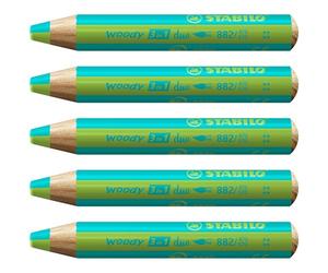 STABILO - lápiz de color, acuarela y cera - woody 3 in 1 duo | mina bicolor, pack de 5, turquesa/verde claro
