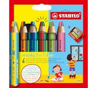 STABILO - lápiz de color, acuarela y cera - woody 3 in 1 duo | mina bicolor, pack de 6 con sacapuntas, 6 rotuladores