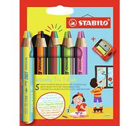STABILO - Lápiz de color multitalento - woody 3 en 1 duo - Mina bicolor - Estuche de 5 - 10 colores y sacapuntas