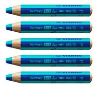 STABILO Lápiz de color, cera y acuarela woody 3 en 1 duo - Mina bicolor - Caja con 5 unidades - Colores azul ultramarino/turquesa