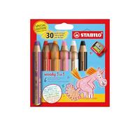 STABILO Lápiz 3 en 1 Woody – Edición 30 aniversario Unicornio, estuche 6 colores y sacapuntas