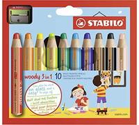 STABILO Lápices de color Multitalento Woody 3 en 1 — Estuche 10 colores + sacapuntas