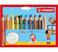 STABILO Lápices de color Multitalento Woody 3 en 1 — Estuche 10 colores + sacapuntas