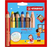 STABILO Lápiz de color multitalento woody 3 en 1 - Estuche con 6 colores y sacapuntas