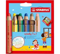 STABILO Lápiz de color multitalento woody 3 en 1 - Estuche con 6 colores y sacapuntas