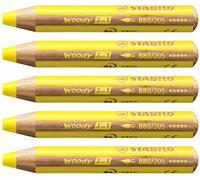 STABILO Lápiz de color multitalento Woody 3 en 1 – Caja con 5 unidades, color amarillo