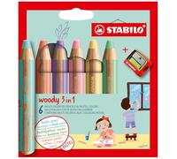 STABILO Lápiz de color multitalento woody 3 en 1 pastel - Estuche con 6 colores + 1 sacapuntas