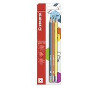 STABILO - lápiz de grafito con goma de borrar - pencil 160 | petróleo, naranja, amarillo, pack de 3, grado de dureza HB