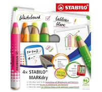 STABILO Marcadores MARKdry pizarra/rotafolios Estuche 4 con sacapuntas y paño, colores neón