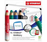 STABILO Marcador pizarra blanca y rotafolios MARKdry - Estuche 4 con sacapuntas y paño, 4 colores