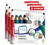 STABILO Markdry - Lote de 3 fundas de cartón y 4 lápices marcadores, 1 sacapuntas + 1 paño