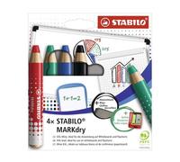 STABILO Marcador pizarra blanca y rotafolios MARKdry - Estuche 4 con sacapuntas y paño, 4 colores