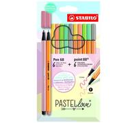 STABILO Pen 68 & Point 88 Fineliner Pastel Love - Estuche de 12 Rotuladores, 6 Colores Pastel Surtidos, Fibra y Punta Fina
