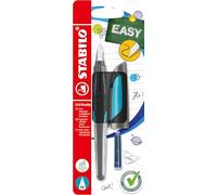 STABILO - Pluma estilográfica escolar con plumín estándar M - EASYbuddy en negro/azul cielo - azul (borrable) - incluye cartucho - blíster