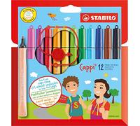 STABILO Rotulador escolar con sujeción triangular Cappi - Estuche con 12 colores - Incluye anilla para no perder los tapones