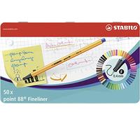 STABILO - rotulador punta fina - point 88 | estuche de metal de 50, 2x azul, rojo, negro