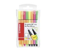 STABILO Rotulador punta fina point 88 mini y rotulador Pen 68 mini - Estuche con 4 colores neón de cada