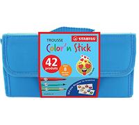 STABILO - Set Color 'n stick - Estuche con 12 rotuladores powerMax, 10 rotuladores Trio A-Z, 12 lápices de color Trio thick y 8 pegatinas textiles con motivos de emojis.