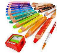 STABILO Lápiz de color multitalento woody 3 en 1 - Estuche con 18 colores + 1 sacapuntas + 1 pincel