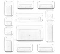Stackzy Juego organizador de cajones para cubiertos, bandeja para recipientes de utensilios para cajones, almacenamiento compacto de maquillaje para dormitorio, paquete de 12 unidades