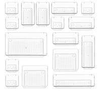 Stackzy Juego organizador de cajones para cubiertos, bandeja para recipientes de utensilios para cajones, almacenamiento compacto de maquillaje para dormitorio, paquete de 16 unidades