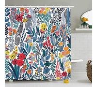 Stacy Fay Cortina de Ducha, diseño Floral para baño, Cortina de baño de Tela Impermeable con Ganchos, 172 x 172 cm, Decorativo Color cálido, Fondo Blanco, Hojas y Flores Azules