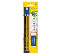 STAEDTLER 120 R BK3D - Pack de 3 lápices y y 1 borrador | Hexágono de madera reciclada, superficie antideslizante, resistente a la rotura - Ref. 120 R BK3D