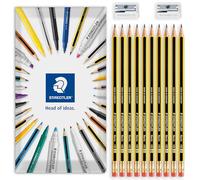 STAEDTLER 122 Noris - Lápiz de grafito con punta de borrador, grado HB, paquete de 10 lápices + 2 sacapuntas de metal de un solo agujero, en embalaje de regalo