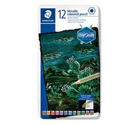 STAEDTLER 146M M12 - Lápices de colores metálicos, para efectos de brillo metálico, brillo y reflejos en papel oscuro, mina suave con alta opacidad, 12 lápices de colores en estuche de metal, 146M M12