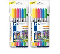 STAEDTLER 3200 rotuladores de doble fibra neón, dos puntas para líneas estrechas y anchas, estuche con 6 rotuladores de doble fibra en colores surtidos, 3200 C6F (Paquete de 2)