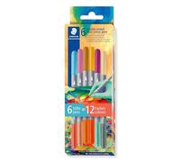 STAEDTLER 3280 rotuladores de doble punta bicolor con dos puntas, dos colores diferentes, anchos de línea de 3 mm y 1 mm, estuche de cartón con 6 rotuladores en colores surtidos, 3280C6E2-2