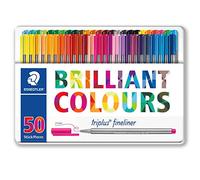 STAEDTLER 334 M50 - Fineliner Triplus, rotulador de punta fina de diseño triangular, con estuche de metal de calidad, con 50 colores brillantes, punta revestida de metal, ancho de línea 0,3 mm aprox. Assorted