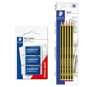 STAEDTLER 5 lápices Noris y 3 gomas de borrar Mars de plástico, sin ftalato ni látex, poco desmenuzable, blanco, poco desgaste