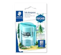 STAEDTLER 513 001 CBK. Afilalápices doble de colores con depósito transparente. Blíster con 1 sacapuntas doble.