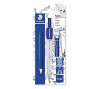 Staedtler 550 60 BK Compás escolar con adaptador universal, bote para minas y lápiz pequeño adicional en blíster, azul/plata