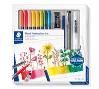 STAEDTLER 61 3001-1 Design Journey - Juego de Acuarela de Flores | 8 rotuladores de doble punta, lápices acuarela, pincel de agua y goma - motivos florales - N.º art. 61 3001-1
